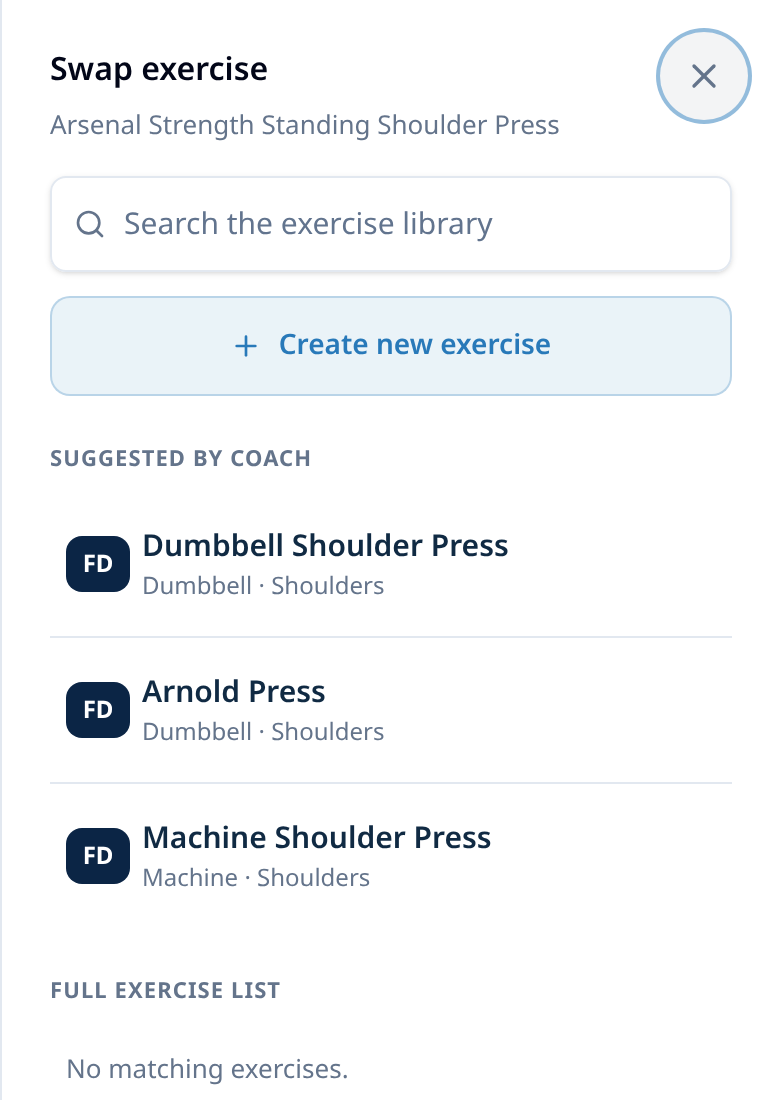 Final Diet Training: swap sheet with search, create-new, and suggested shoulder-press alternatives.