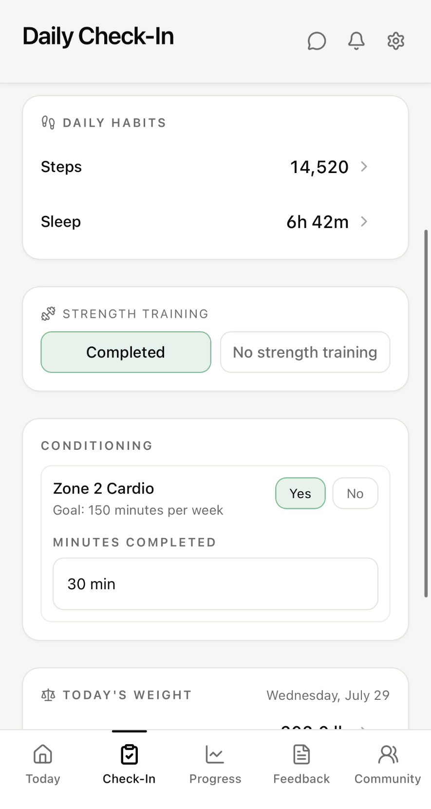 Daily Check-In showing Daily Habits, Strength Training, and Conditioning entries for the day.