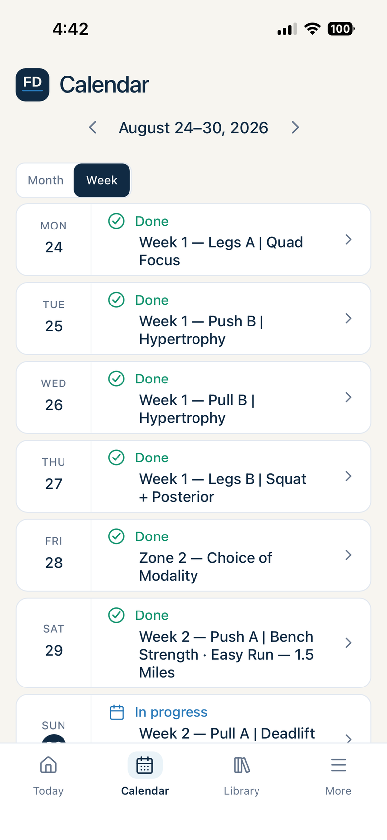 Final Diet Training weekly calendar for August 24–30 showing completed strength days, a Zone 2 cardio day, and the current workout in progress.