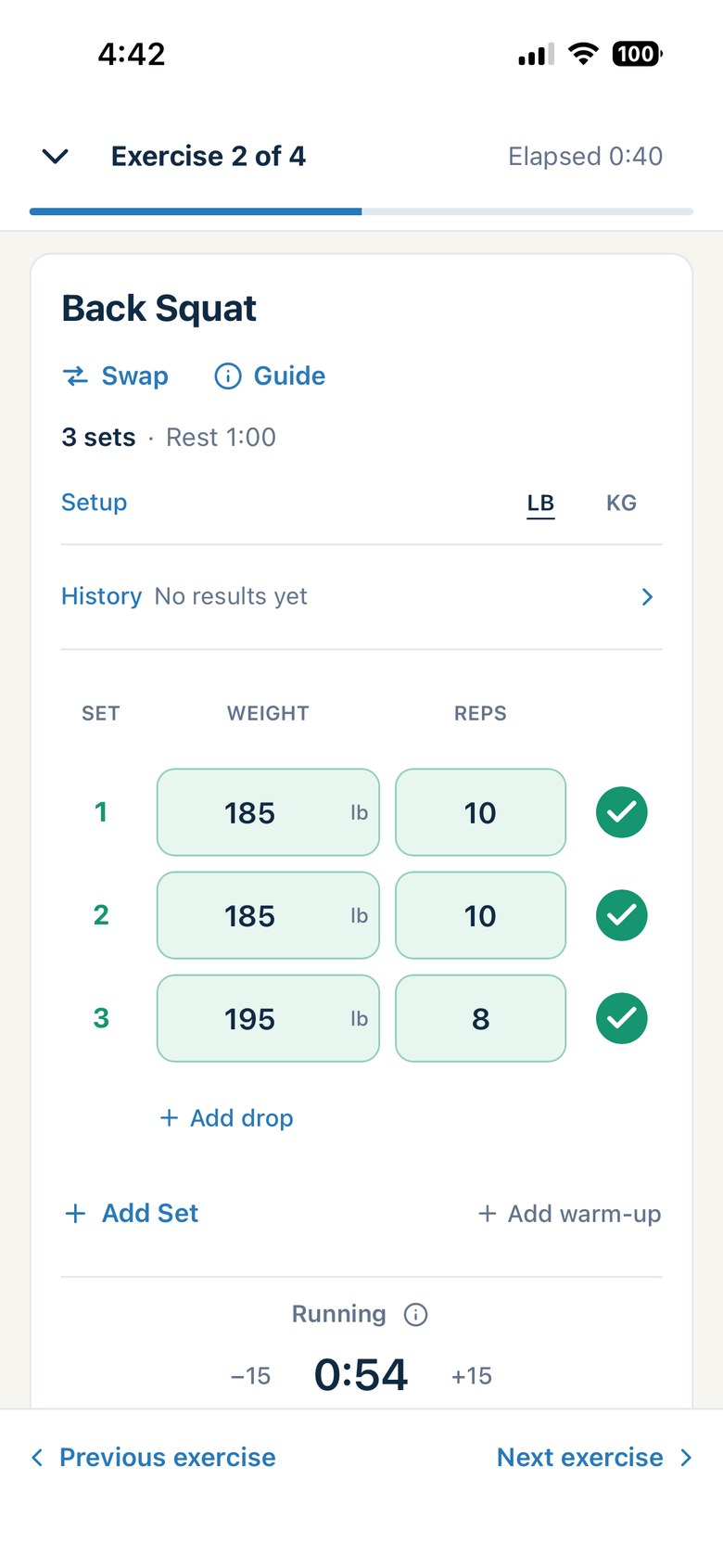 Final Diet Training workout logger: Back Squat with logged sets, swap and guide links, and a running rest timer.