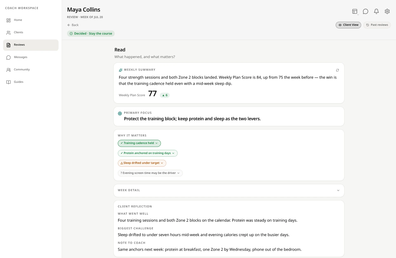 Weekly Review workspace showing the Read step with Weekly Summary, Primary Focus, Why It Matters, and Client Reflection alongside the coach sidebar.